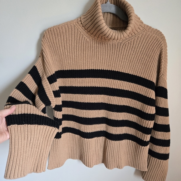Quince Striped Cotton Chunky Sweater Sz M Medium Turtleneck Bell Wide Sleeve - Picture 3 of 11